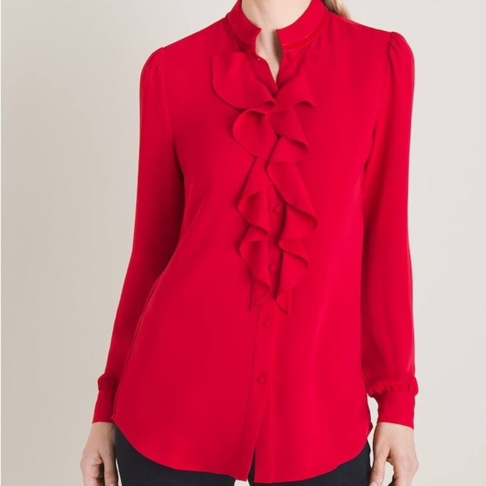 Chicos Ruffle-Front Blouse vibrant red button down long sleeve size1 (8/M)